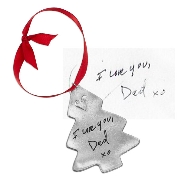 Personalized fine pewter memorial Christmas Tree Handwriting Ornament with original handwritten note