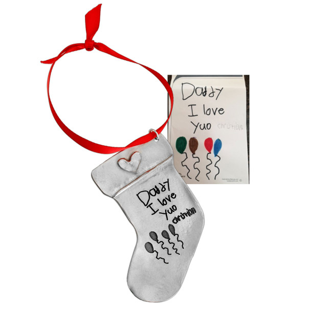 Original child's handwriting & drawing with custom fine pewter stocking shaped ornament, personalized with the writing & artwork