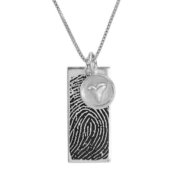 Custom Silver fingerprint necklace, personalized with your loved one's fingerprint, shown with silver heart charm