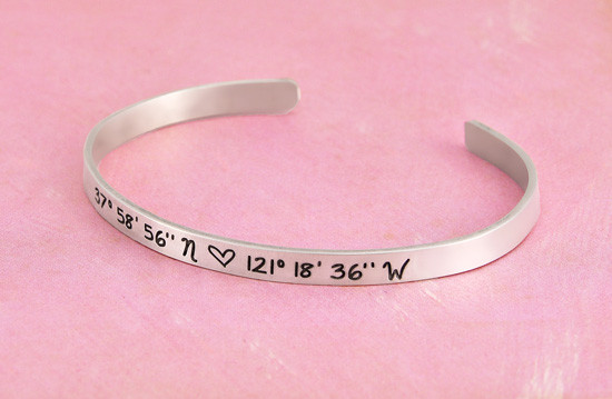 Silver custom coordinates cuff bracelet for her