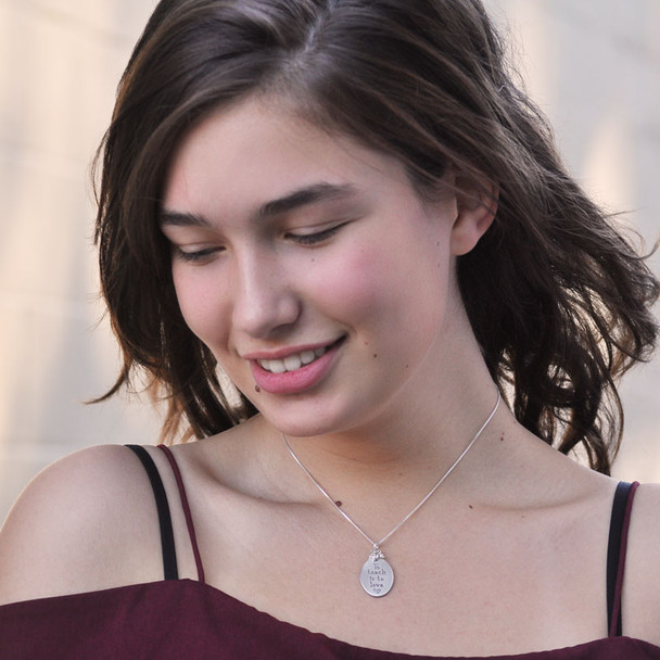To Teach is to Love Silver Necklace Teacher Gift, shown on a model