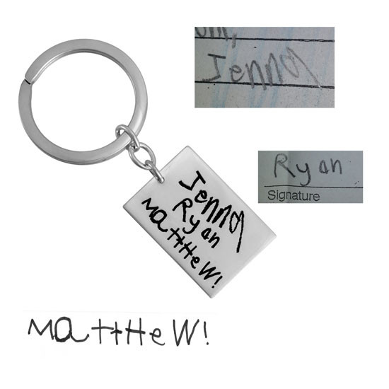 Silver key chain gift for Dad engraved with kids' actual signatures, showing original handwriting, on white background