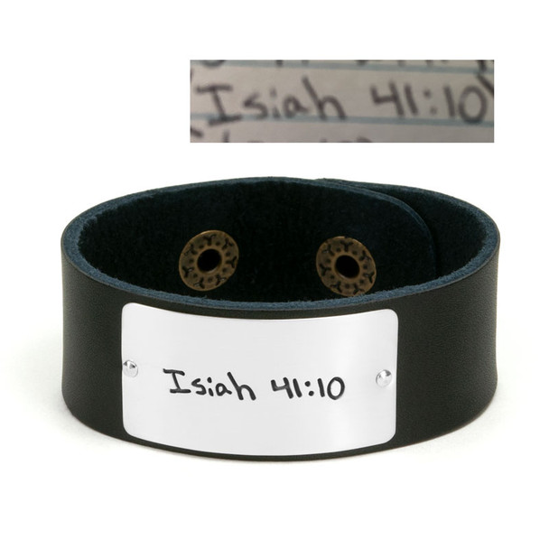 Handwriting leather bracelet with silver plate, engraved handwritten reference to a bible verse, & shown on white background. Also shown with an excerpt of the original letter used to personalize it