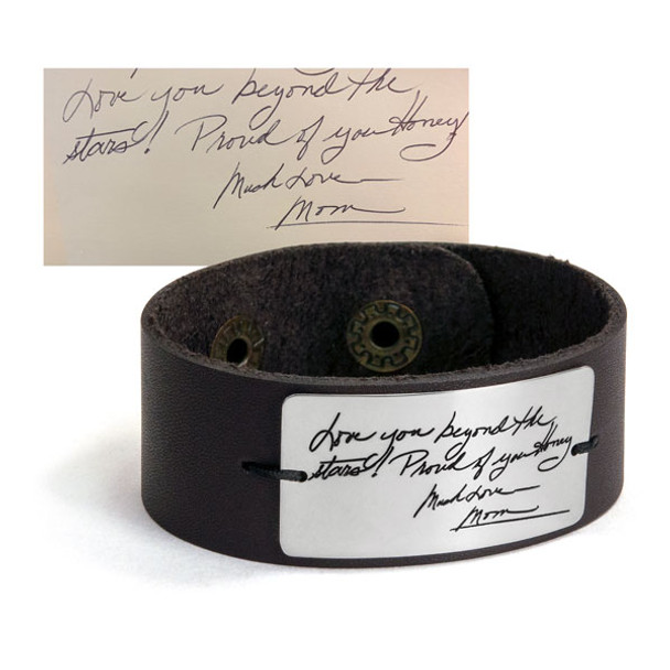 Handwriting leather bracelet with actual handwriting shown on white background, including the original handwriting