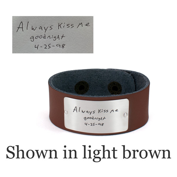 Light Brown handwriting leather bracelet with actual handwriting used to personalize it shown on white background