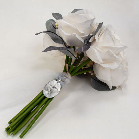Custom signature on bouquet charm with cross