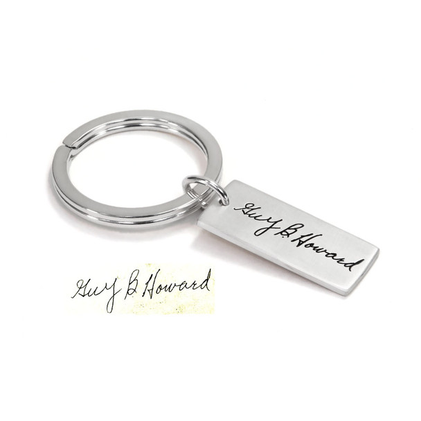 Silver Memorial key ring with actual handwritten signature, shown from the side