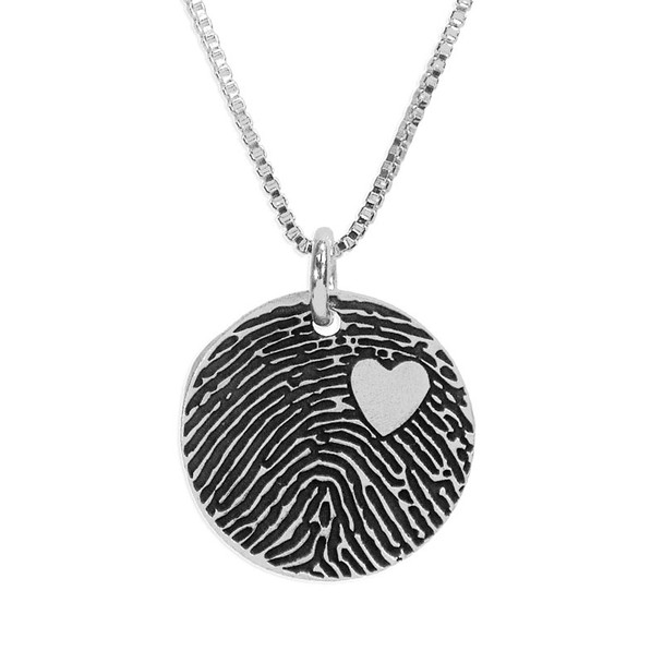 Custom Silver fingerprint necklace, shown close up on white