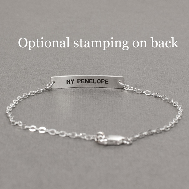 Dainty bracelet with your actual writing in sterling silver, shown with stamping on the back