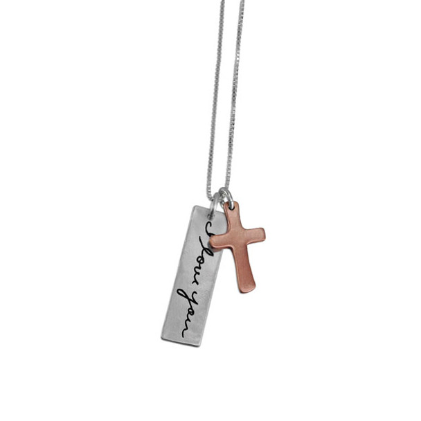 Custom handwriting tag with copper cross remembrance necklace
