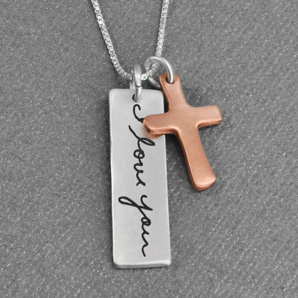 Memorial necklace - Custom Handwriting Tag in sterling silver, with actual handwriting,  shown from side view.