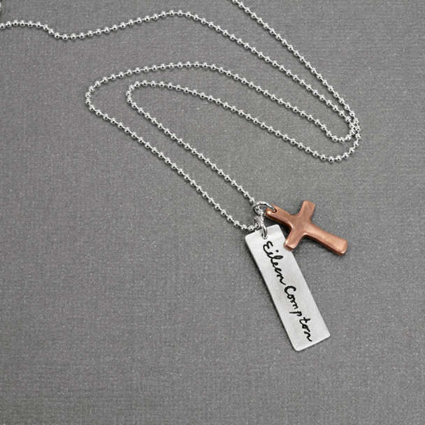 Custom Handwriting Tag in sterling silver, with actual handwriting,  shown from side view.