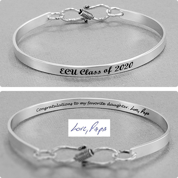 Graduation gift of custom Sterling silver handwriting cuff bracelet with clasp, shown with the handwriting from Dad used to personalize it
