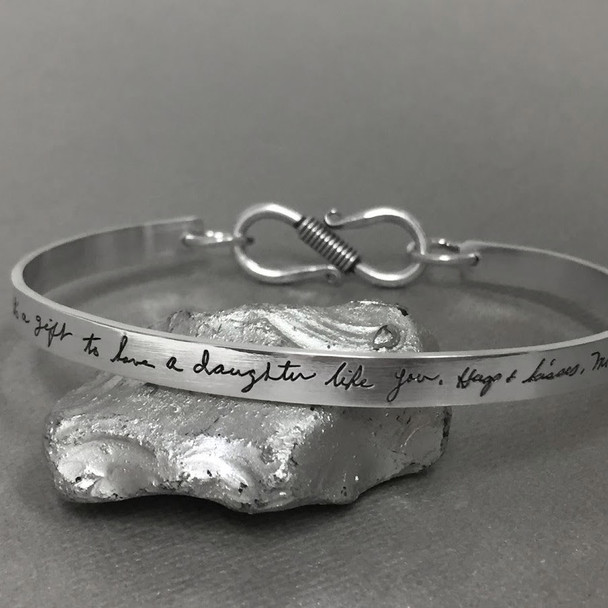 Handwritten cuff bracelet with clasp in sterling silver