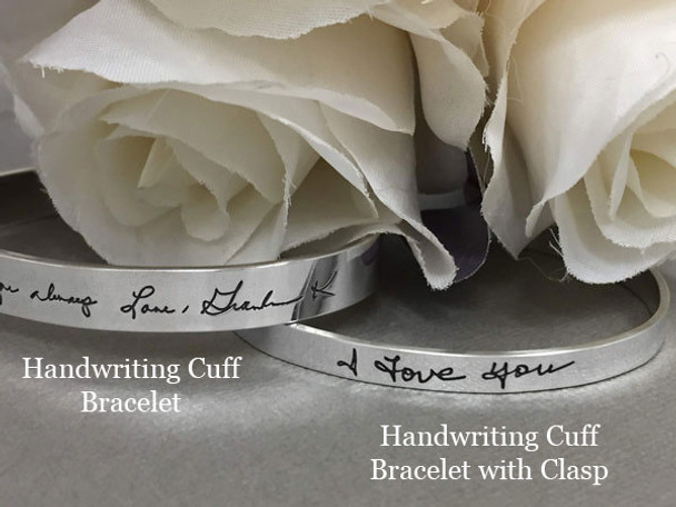 Sterling silver handwriting cuff bracelet with clasp, shown with larger handwriting cuff bracelet on the left