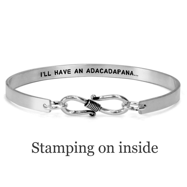 Sterling silver handwriting cuff bracelet with clasp, shown from the back on white, with optional stamping inside
