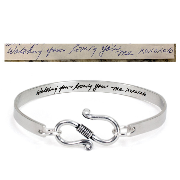 custom Sterling silver handwriting cuff bracelet with clasp, shown from the back on white, personalized with optional handwriting on the inside