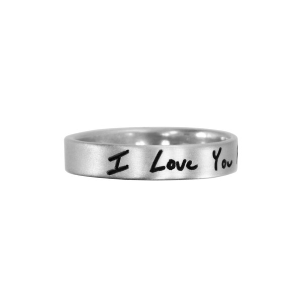 Side view of custom Stackable Handwriting Ring, personalized with handwritten "I Love You Forever"