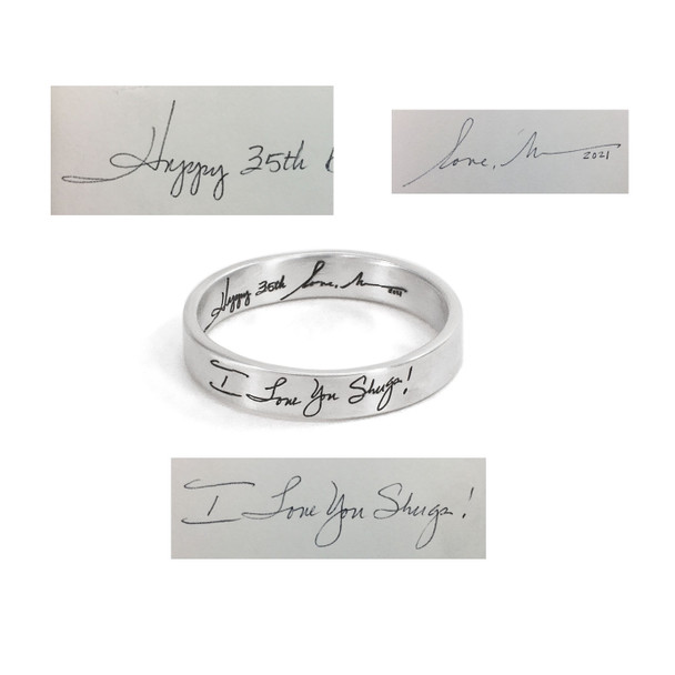 custom Stackable Handwriting Ring as an anniversary gift, shown with original handwritten notes combined to personalize it, shown on white