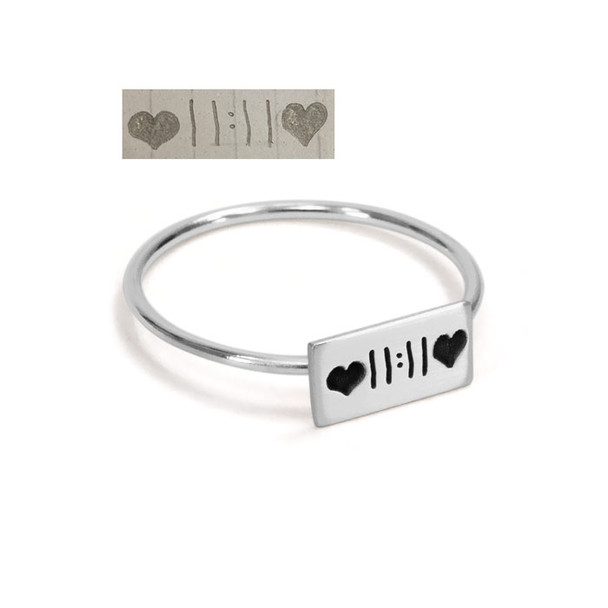 Custom Rectangle Dainty Handwriting Ring, personalized with hand drawn hearts & anniversary date, shown with original handwritten note, on a white background.