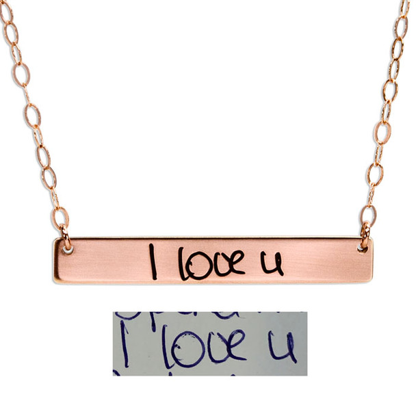 Rose gold bar necklace with handwritten note, shown with the original handwriting used to personalize it