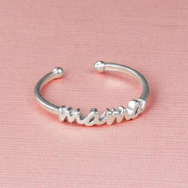 Sterling silver Mama ring shown from the side