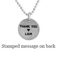 A Simple Thank You Necklace for a teacher, custom made from fine thai silver, shown with stamping on back 