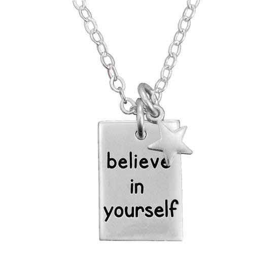 Custom Believe In Yourself Necklace, hand stamped in sterling silver, with silver star and sterling chain, shown on white background
