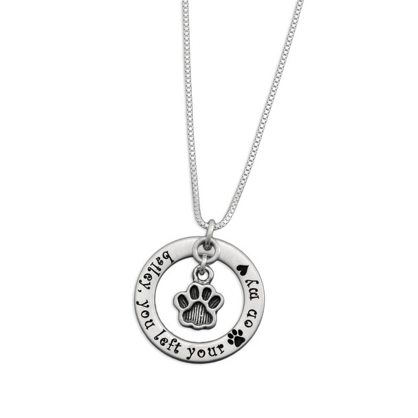 Silver circle necklace with Baily you left your paw on my heart, and a silver paw charm hanging within the circle, all on a silver chain (wide view)