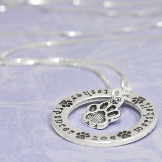 Silver circle necklace with pets names around the edge, and a silver paw charm hanging within the circle, all on a silver chain (side view)