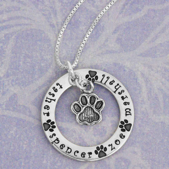 Silver circle necklace with pets names around the edge, and a silver paw charm hanging within the circle, all on a silver chain (top view)