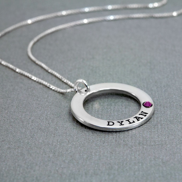Forever Love Silver Necklace with Birthstones, hand stamped with kids names