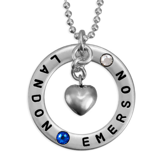 Forever Love Silver Necklace with Birthstones, hand stamped with kids names in block upper font