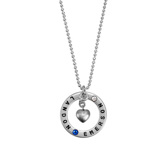 Silver washer pendant with birthstones embedded, hand stamped with kids names