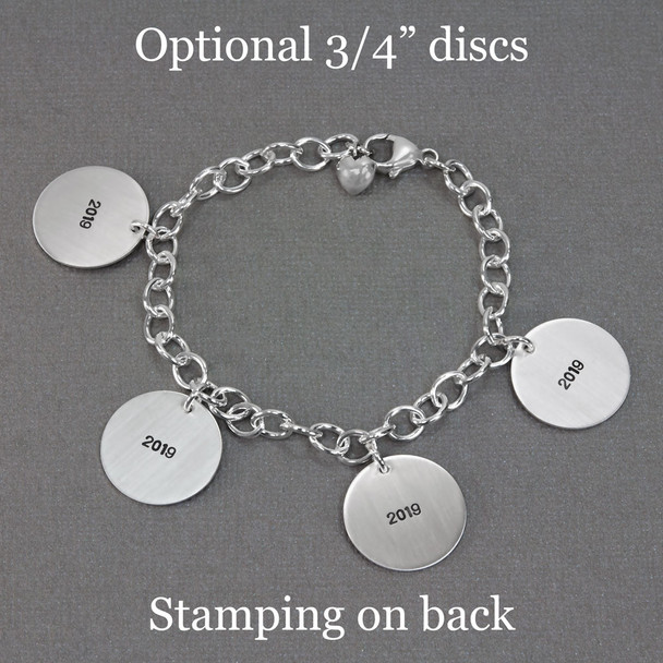 Custom Silver Handwriting Bracelet with kids' artwork, shown with stamping on the back