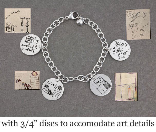Custom Silver Handwriting Bracelet with kids' artwork, shown with the original artwork, with larger 3/4 inch discs