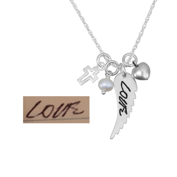Custom Handwriting Memorial Charm Silver Angel Wing Necklace, shown with handwritten word Love used to personalize it