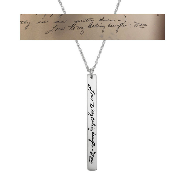 Front view of Memorial custom silver Handwriting Tag Necklace, personalized with late mom's handwritten note & signature, shown on white