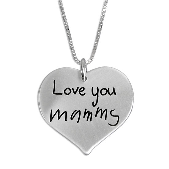 Custom Silver Heart Handwriting Necklace with your actual handwriting, shown close up on white