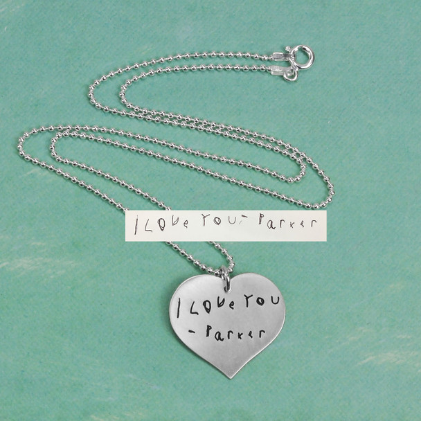 Custom Silver Heart Handwriting Necklace with your actual handwriting, shown with original handwriting used to personalize it
