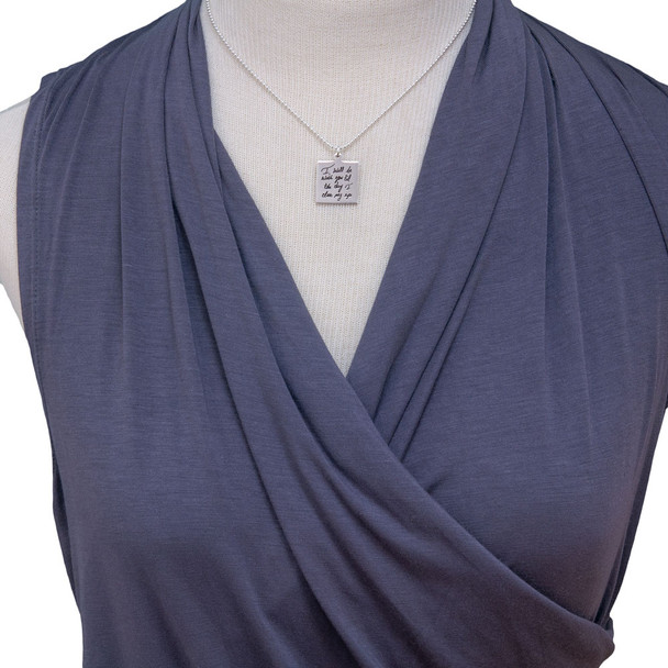 Silver Square Handwriting Artwork Necklace, shown on a model