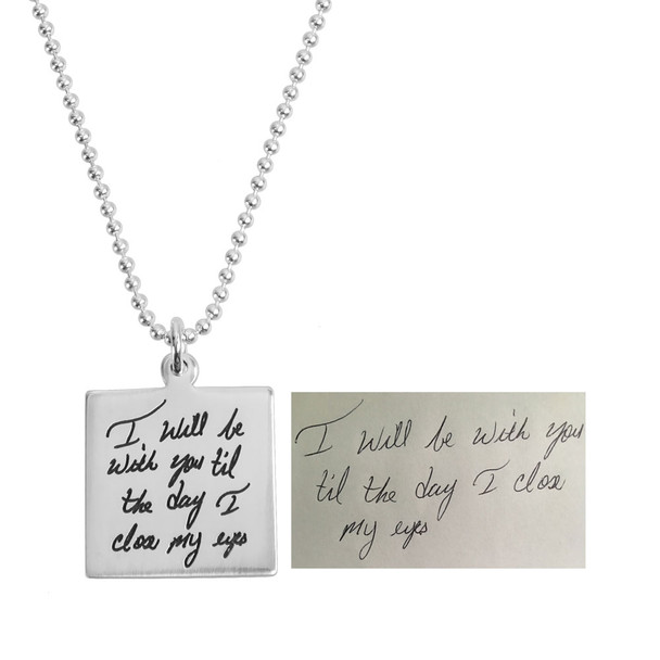 Silver Square Handwriting Artwork Necklace, shown close up with original handwritten note used to personalize it
