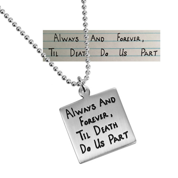 Wedding gift Silver Square Handwriting Artwork Necklace, shown close up with original handwritten note used to personalize it