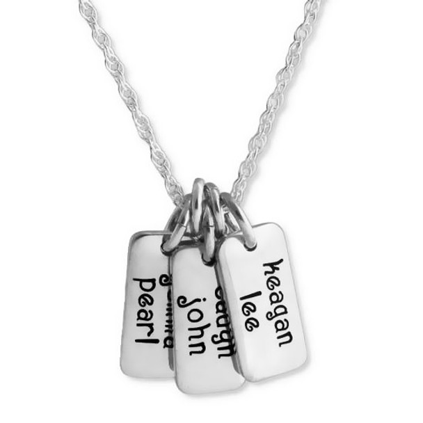 Hand stamped silver Dainty Rectangle mommy necklace, stamped with children's names, hung on silver chain