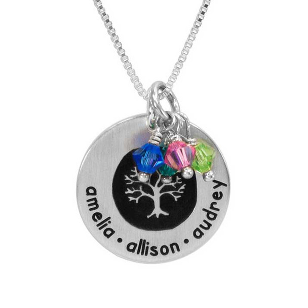 Silver Etched Family Tree Necklace personalized with names & birthstones, shown close up on white