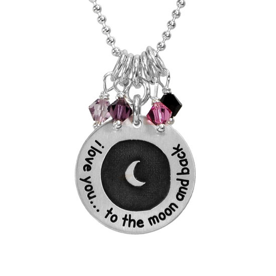 Custom silver Etched Forever Love moon and back necklace personalized with birthstones