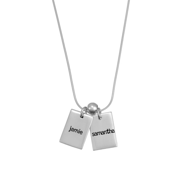 Personalized Funky Rectangle silver Necklace, hand stamped with kids' names, shown on white