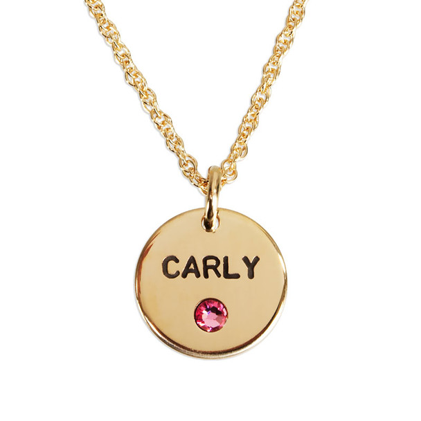 Gold Disc with Crystal Birthstones Necklace, hand stamped with kids names , shown close up with 1 stone