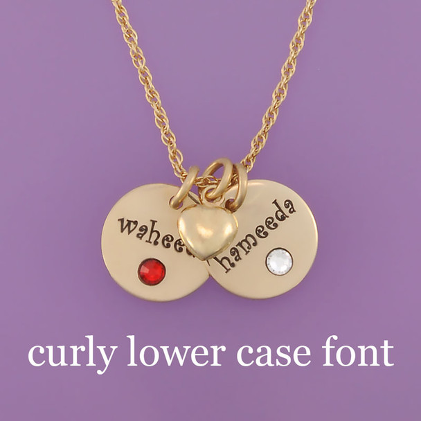 Gold Disc with Crystal Birthstones Necklace, hand stamped with kids names , shown close up