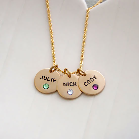 Custom Gold Disc with Crystal Birthstones Necklace, personalized with hand stamped kids' names